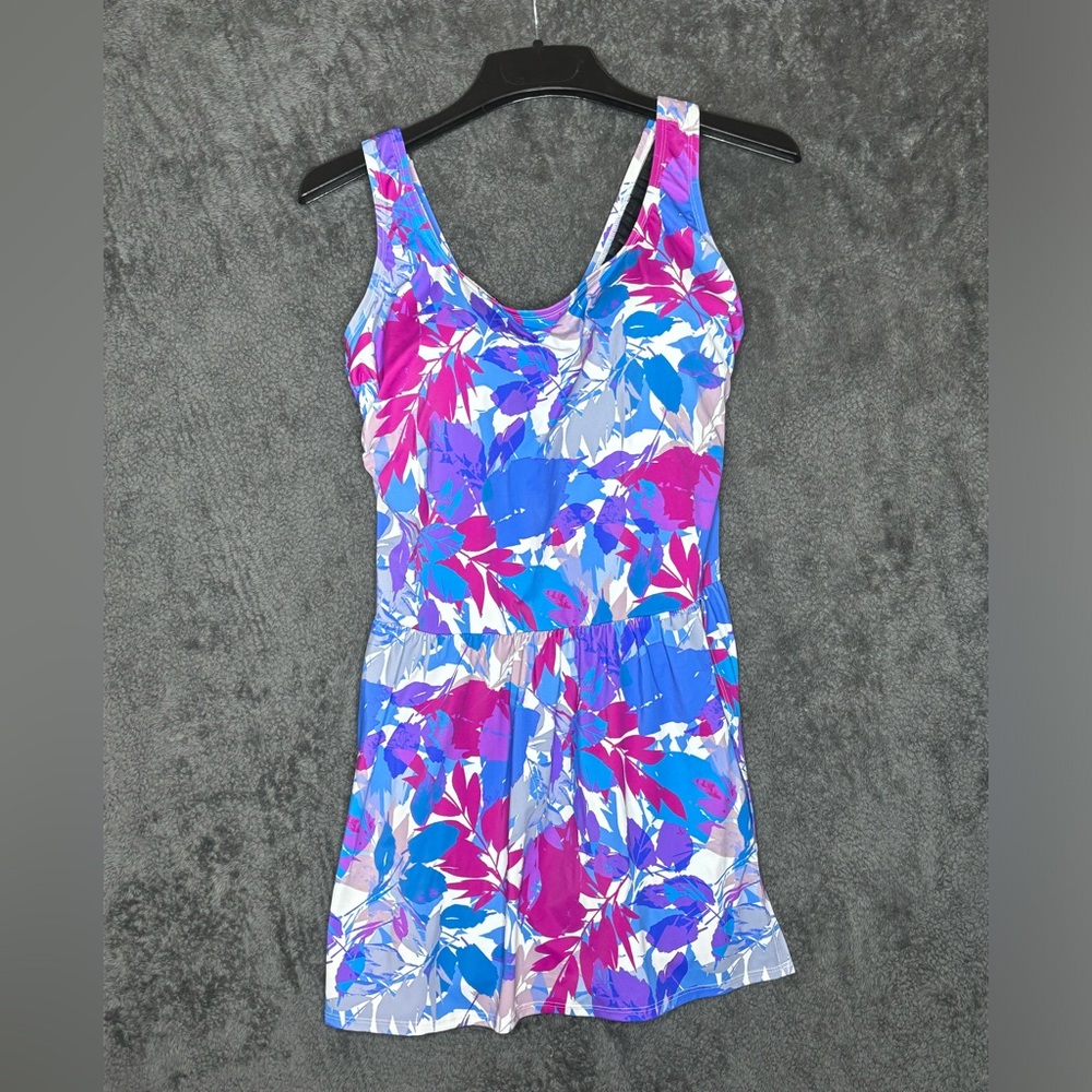 Swimsuits For All Faux Wrap Swim Dress One Piece Swimsuit Black Floral Size 18